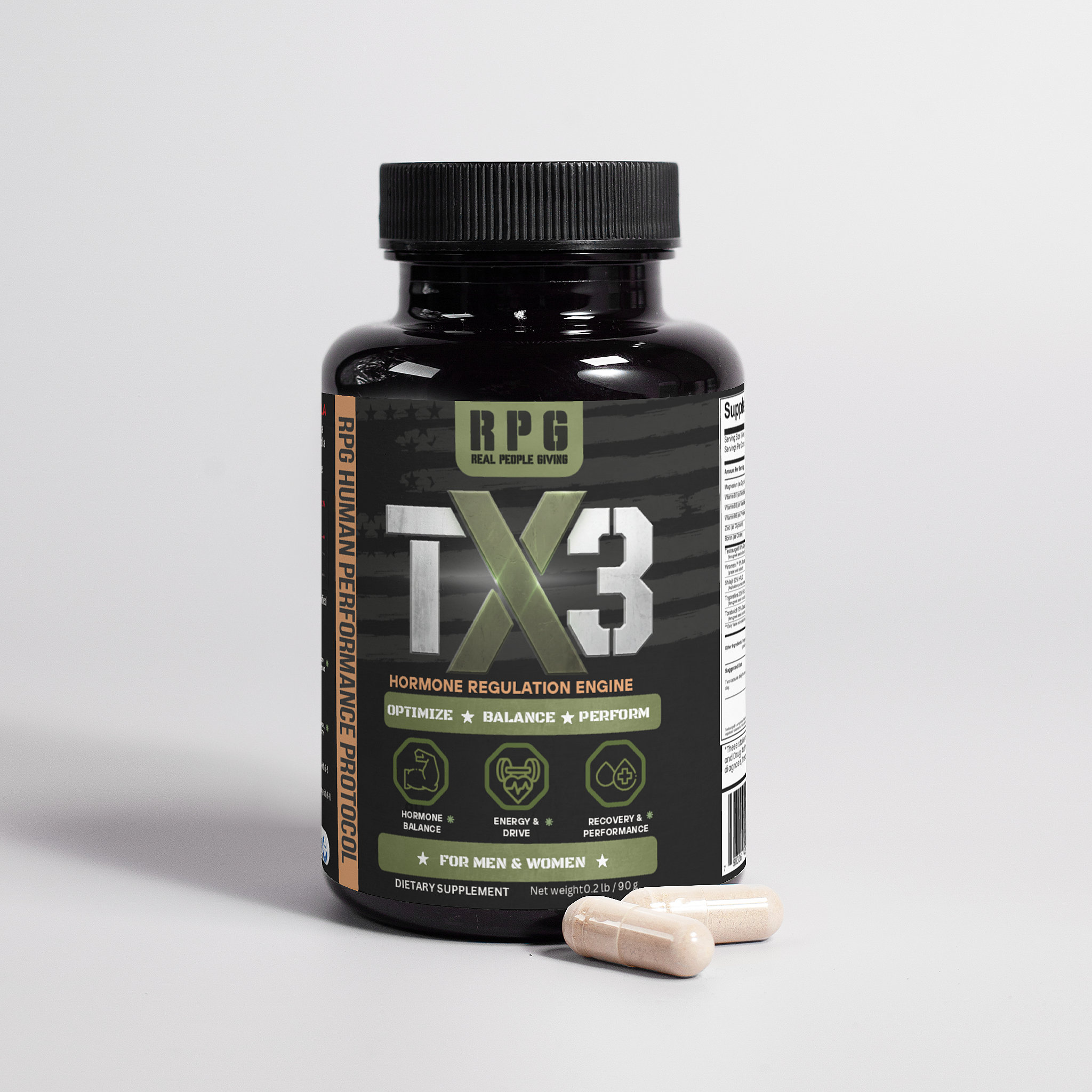 TX3 bottle with capsules showing supplement contents
