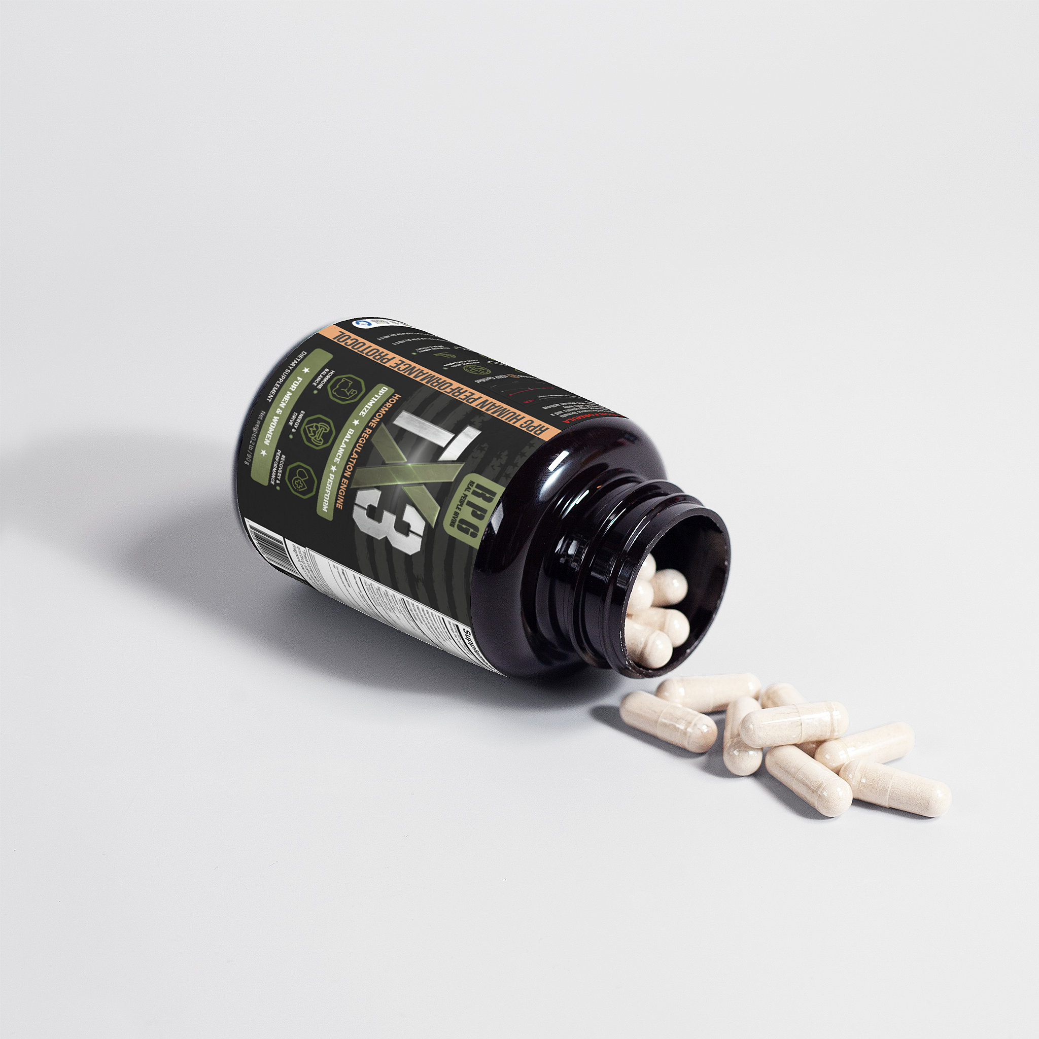TX3 bottle tipped over showing capsules spilling out